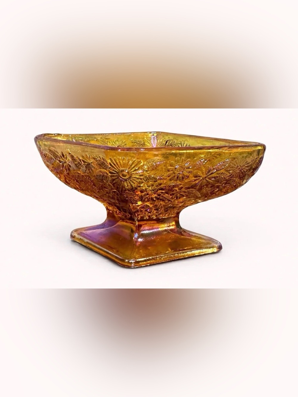 Indiana Glass Compote Amber Iridescent Diamond Shape Vintage